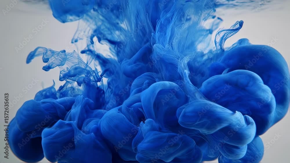 Bright blue ink swirling in water creates mesmerizing abstract shapes against a gray background, evoking the beauty of a nebula or an underwater explosion in motion