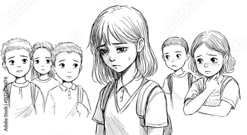 Girl being empathized by classmates with a sad expression on white background