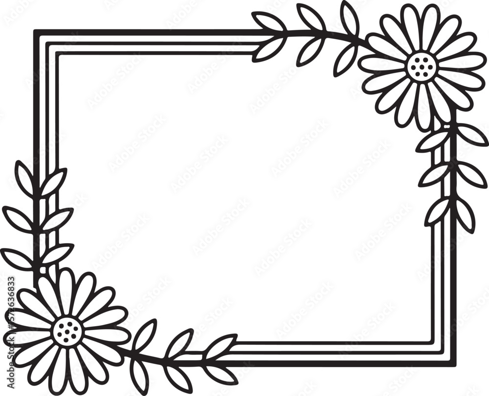 Obraz premium Rectangular Ornate Floral Frame with Detailed Line Art Border Featuring Daisies, Leaves, Vines, and Symmetrical Decorative Motifs