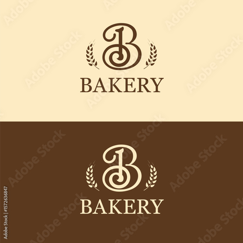 Bakery Logo Design: Elegant monogram logo design featuring the letter "B" intertwined with wheat stalks, perfect for a bakery business. Two color variations are provided: beige and brown backgrounds.