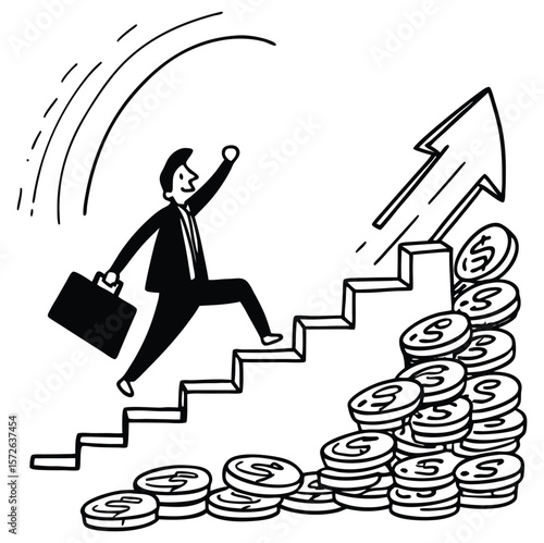 Eager businessman with briefcase of money running up ascending bar graph