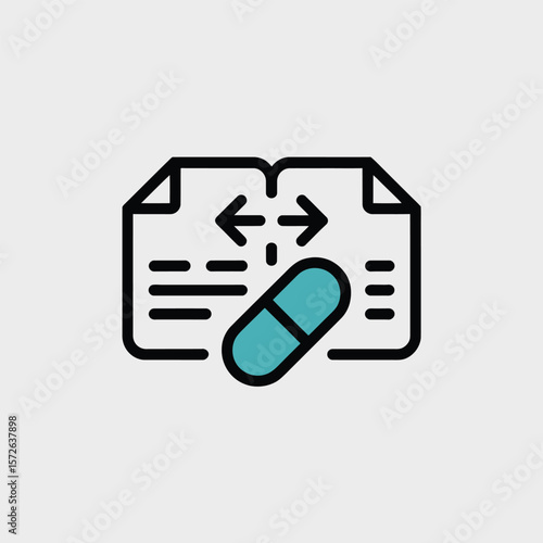 Minimalist Icon Design Featuring a Teal and Light Blue Capsule Overlapping a Document with Left and Right Arrows Indicating Data Transfer or Exchange in a Healthcare or Medical