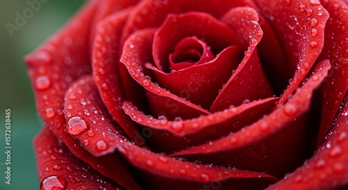 Macro close-up of red rose with dewdrops forming heart reflections