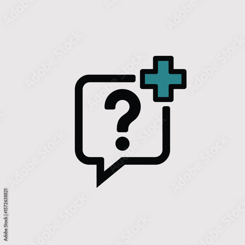 Minimalist Icon Design Featuring a White Speech Bubble with a Black Outline Containing a Black Question Mark and a Bicolor Green and Blue Plus Symbol