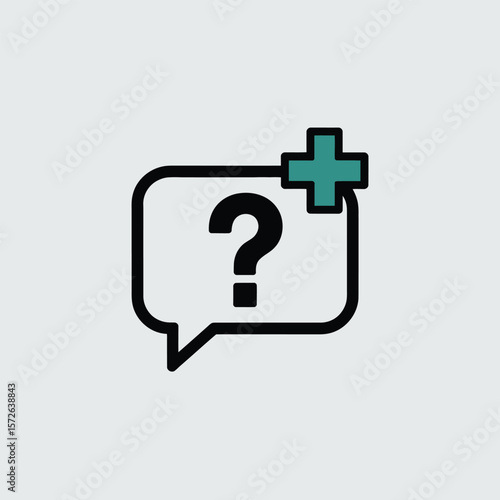 Minimalist Icon Design Featuring a White Speech Bubble with a Black Question Mark and a Bicolor Green and Blue Plus Symbol