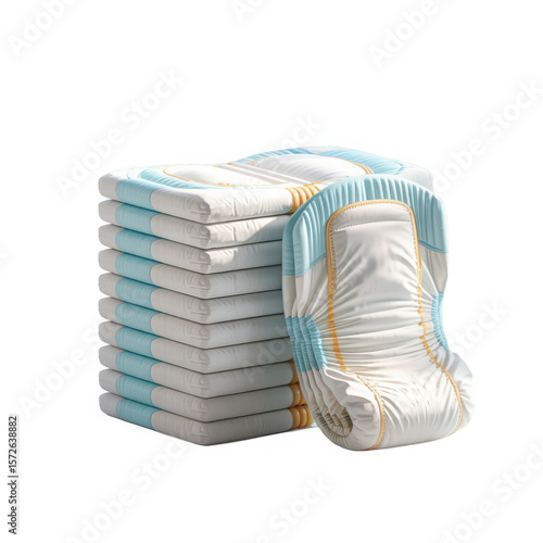 A stack of absorbent adult diapers with one diaper unfolded showing details isolated on transparent background