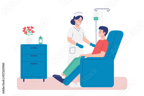 A nurse provides care and support to a male patient receiving an intravenous IV drip treatment in a hospital or clinic setting
