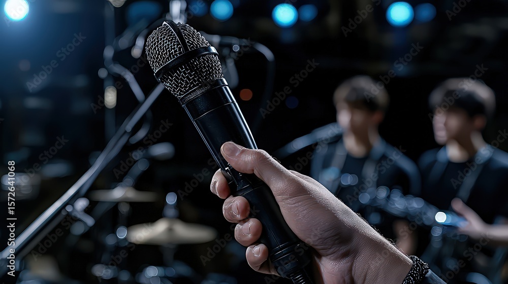 Fototapeta premium Live music performance concert venue image of microphone stage environment close-up viewpoint engaging atmosphere