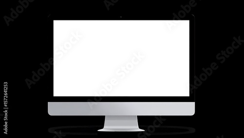 A modern silver desktop computer with a blank white screen against a black background in studio shot