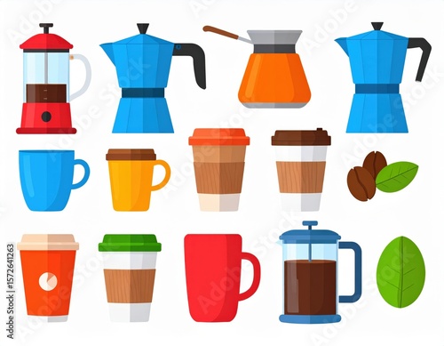 Colorful Flat Design Coffee Illustration Set