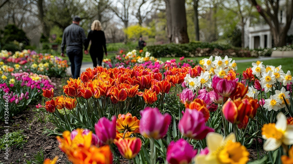 Fototapeta premium Couple walking through colorful tulip garden in spring beautiful park setting romantic atmosphere nature's splendor
