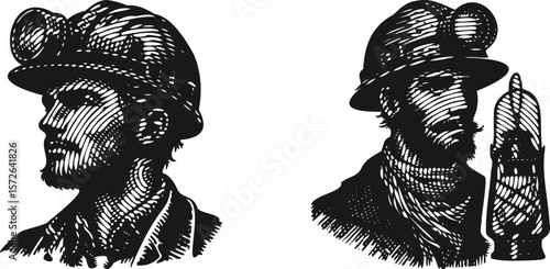  Heavy lined effect black vector bundle featuring a miner worker man wearing a helmet with a lantern, gritty vintage engraving style industrial profession illustration design