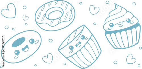 "Seamless kawaii dessert pattern with smiling donuts, cupcakes, muffins, hearts, and bubbles in light blue line art on white background for bakery packaging, kids  and cute design projects"