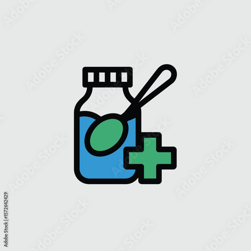 Minimalist Icon Design of a Blue Medicine Bottle with a Green Spoon and Plus Symbol a Simple Healthcare Graphic