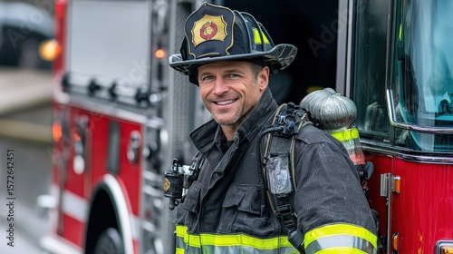 Heroic firefighter responds to emergency call city street portrait urban environment close-up bravery in action