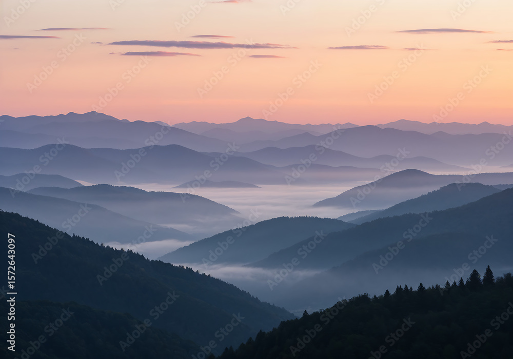 Obraz premium Misty Layered Mountain Range at Dawn with Soft Pastel Sunrise Light