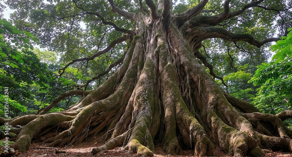 Fototapeta premium A massive ancient tree with sprawling roots and twisting branches towers in a lush green forest, evoking timeless majesty and natural wonder – AI Generated Digital Art