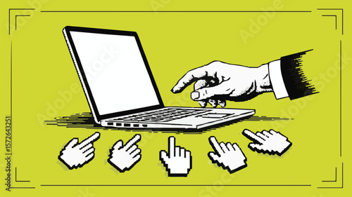 Stylized illustration of a hand in a suit jacket reaching towards a laptop with a blank screen surrounded by multiple pixelated cursor hands on a bright green background