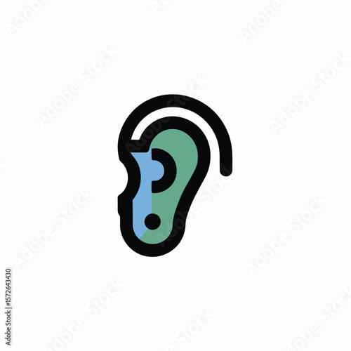 Minimalist Icon Design of a Human Ear in Teal and Light Blue with Black Outline on White Background