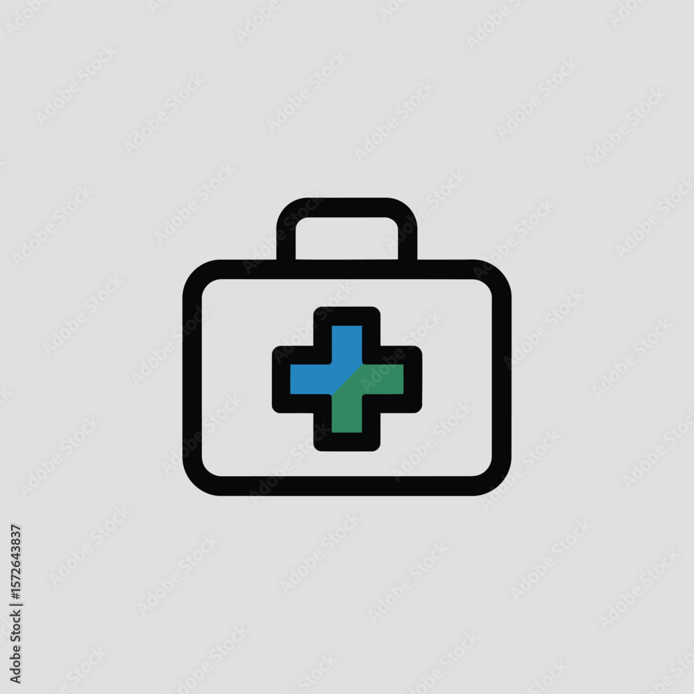 Fototapeta premium Minimalist Icon Design of a Medical Kit Featuring a Blue and Green Cross Inside a Black Outline Rectangular Case Against a Light Gray Background