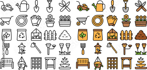 Collection of Detailed Gardening Icons: Tools, Plants, and Structures