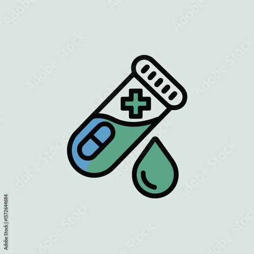 Minimalist Icon Design of a Medical Test Tube with Teal Green Liquid a Blue Capsule and a Droplet a Plus Symbol Indicating Healthcare