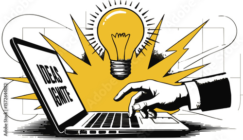 A hand typing on a laptop with the words ideas ignite on the screen symbolizing inspiration and innovation powered by technology and thought