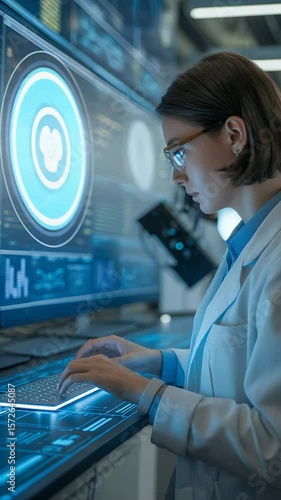 Scientist Working in a Futuristic Laboratory: A focused scientist, immersed in advanced research, intently analyzes data on high-tech displays within a cutting-edge laboratory.