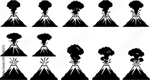 Volcano eruption icon collection, black silhouette of volcanic mountains with smoke clouds
