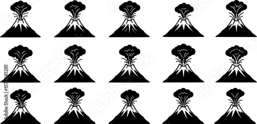 Volcano eruption icon collection, black silhouette of volcanic mountains with smoke clouds
