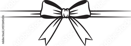 A simple black and white graphic illustration of a bow with long pointed ribbon tails and a horizontal band across the middle perfect for design accents