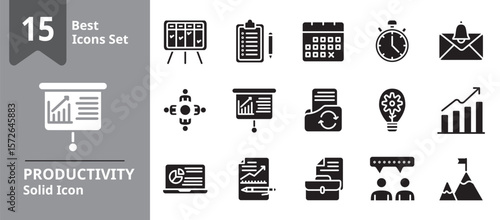 Solid icon set representing productivity and organization tools including task management, calendar planning, time tracking, goal setting, and daily routine, ideal for business apps, personal planners