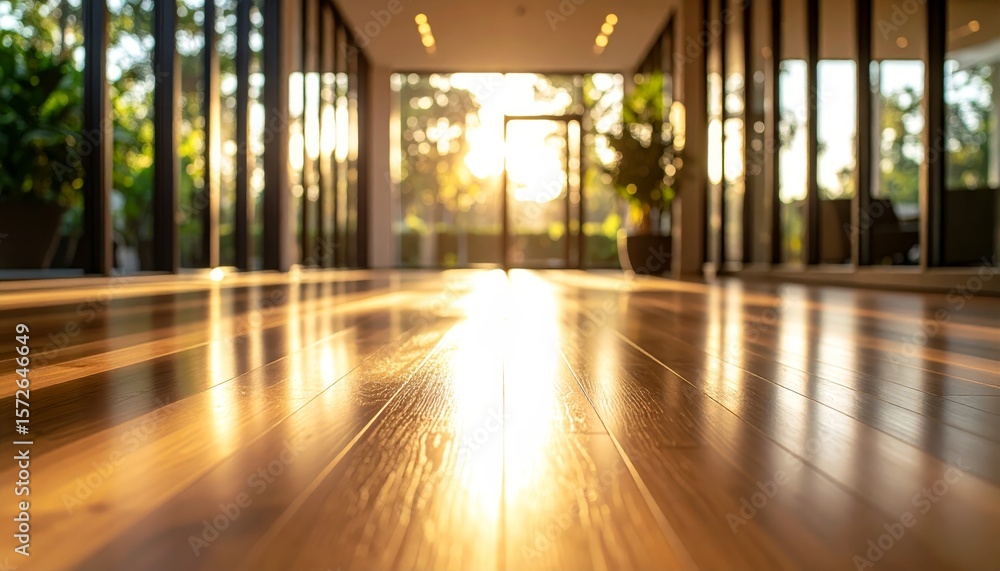 Fototapeta premium Sunlit wooden floor, warm light creates inviting ambiance in modern interior design