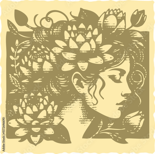  Heavy lined effect vibrant color postal stamp vector of a profile of a woman with lotus flowers in her hair, detailed floral hairstyle illustration, elegant female portrait design, artistic linework