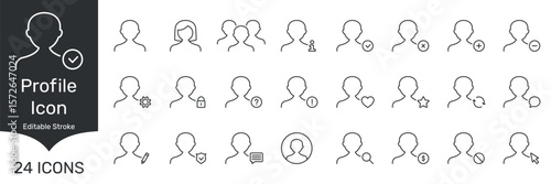 User Management, Account Settings, And Interaction Outline Symbol Collection. Profile And User Interface Line Icon Set. Editable Stroke. Isolated Vector Illustration