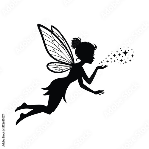 Whimsical fairy blowing sparkles silhouette vector with delicate wings.