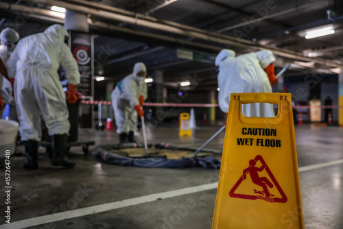 Area Closed Warning Sign for Chemical Spill Clean-up, Dangerous Zone, Part of Steps for Dealing with Chemical Spillage, Spill Clean-up Procedures.	
