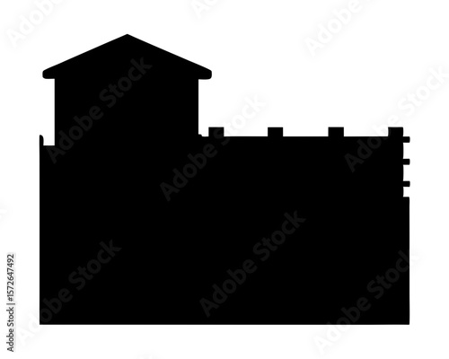 Silhouette of an ancient fortification wall with a gatehouse and battlements