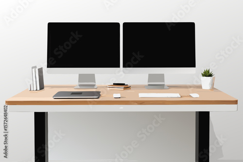 Minimalist Standing Desk Mockup Dual Monitors Light Wood