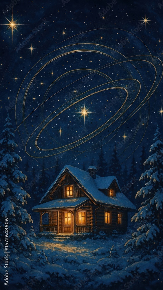Fototapeta premium Cozy cabin under starry sky
