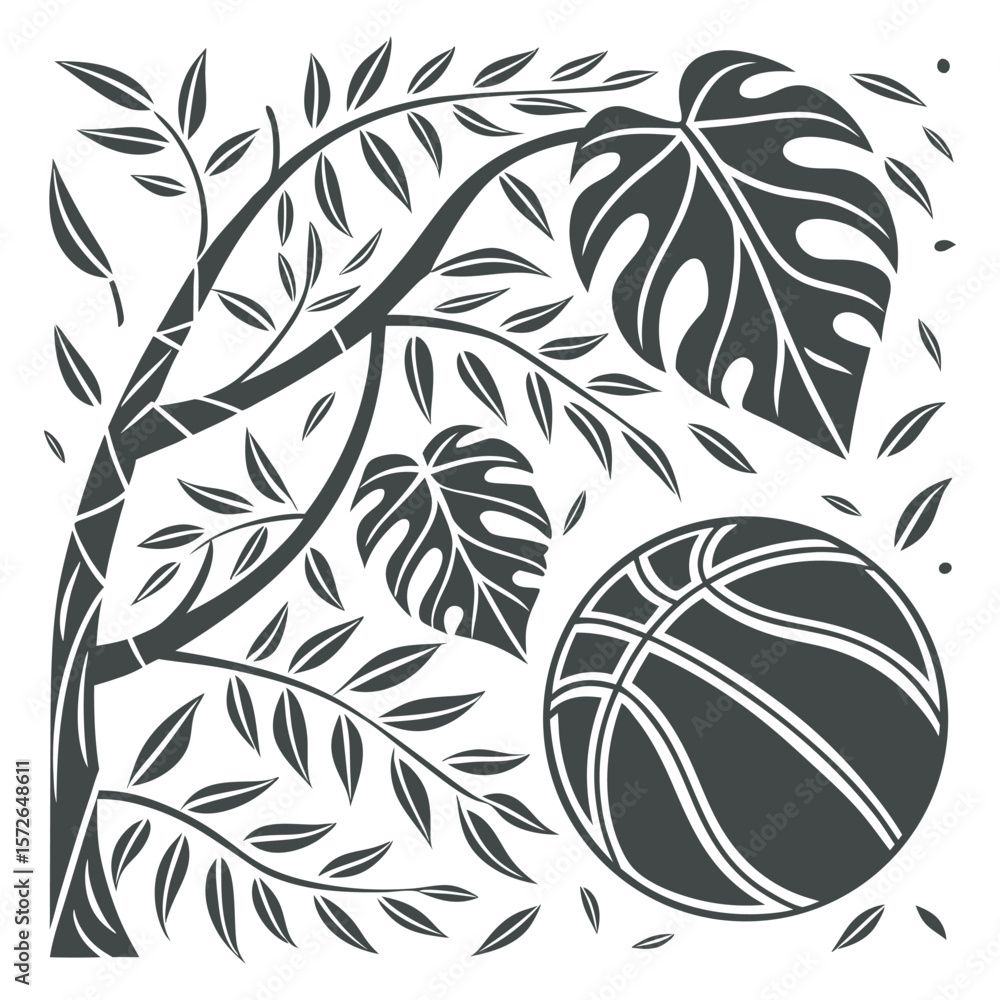 Gray Scale Basketball Tropical Leaves Branch Design