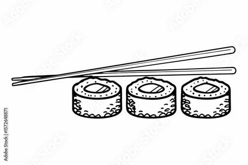 Three Sushi Rolls with Chopsticks Line Drawing line art