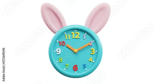 Colorful teal wall clock with pink rabbit ears