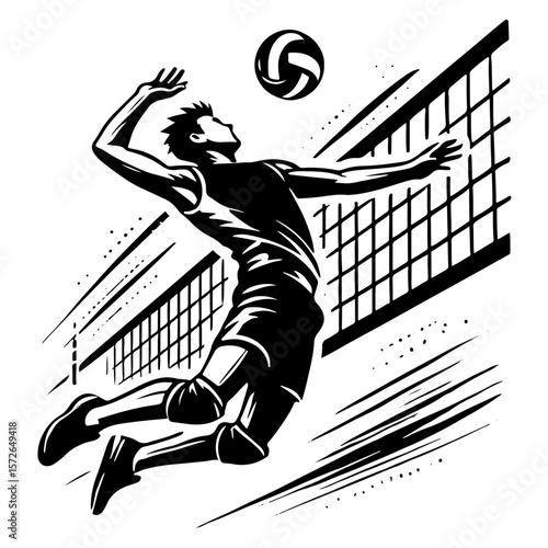 High-Flying Volleyball Player Spiking Over The Net With Force