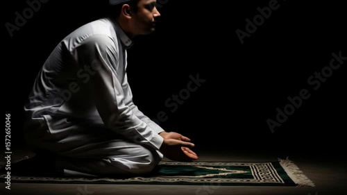 A man kneels in prayer on a rug, wearing traditional Muslim attire, against a dark background.