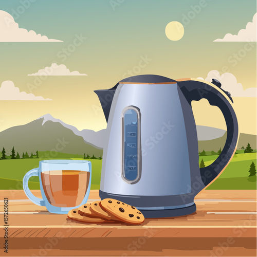 Modern electric kettle with glass cup of hot tea