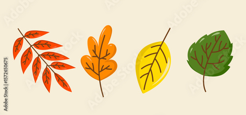 Set of cute colorful autumn leaves in cartoon style. Hand-drawn fall foliage clipart in red, orange, yellow, and green. Perfect for seasonal decorations, kids' products, greeting cards, posters.