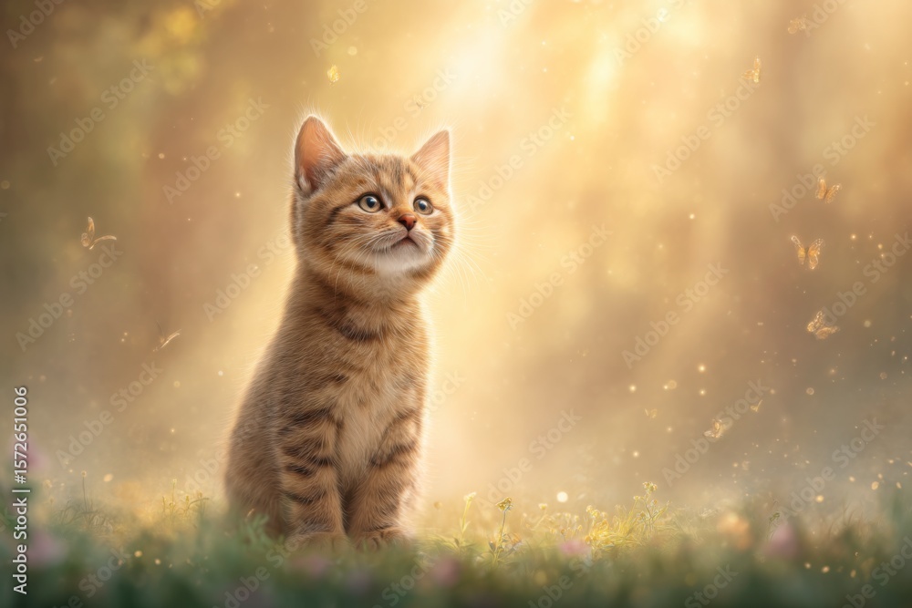 Obraz premium A curious tabby kitten sits in a sunlit meadow surrounded by soft-focus flowers and fluttering butterflies.