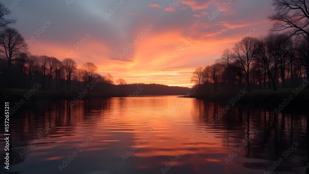 Obraz premium Sunset over a serene lake reflecting orange and pink hues.