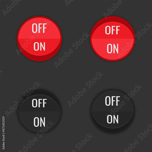 Set of round rocker switches in red and black for user interface design, digital dashboards, app controls, or concept illustrations related to power, control systems, or toggling functionality